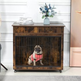 Dog Crate Furniture, Wooden Dog House, Decorative Dog Kennel with Drawer, Indoor Pet Crate End Table for Small Dog, Steel-Tube Dog Cage, Chew-Proof, R